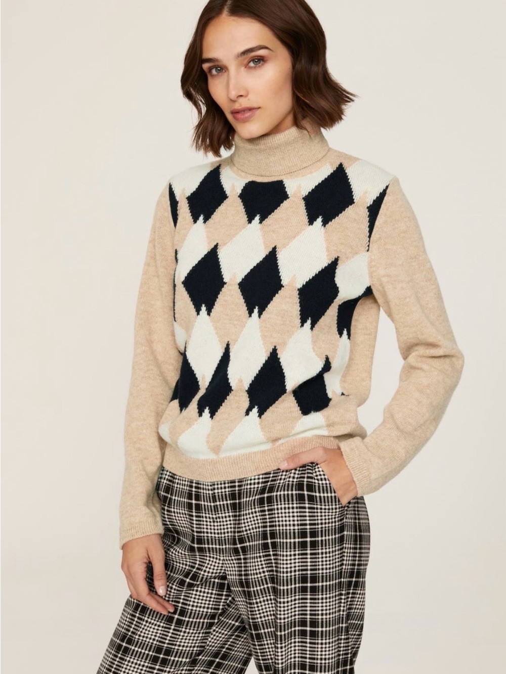 A.P.C. July Argyle Turtleneck Sweater 100% Virgin Wool Size S